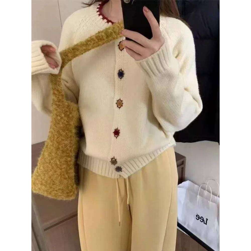 2026 Autumn Winter Coat Loose Fit O-Neck Knitted Cardigan Women's Single Button Contrast Color Lazy Korean Style Sweater Z260313
