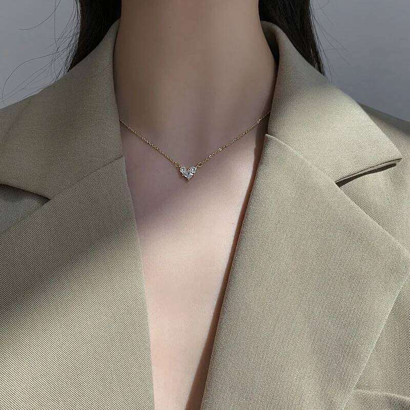 ANENJERY Silver Color Zircon Heart Necklace for Women Shiny Clavicle Chain Jewelry Gift Wholesale H260312