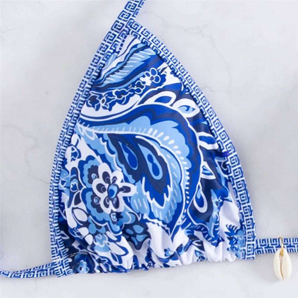 Vintage Blue Floral Print Swimwear Halter String Triangle 3 Piece Bikini Set Cover Ups Sexy Swimsuit Women 2026 Bikinis De Muejr Y260303