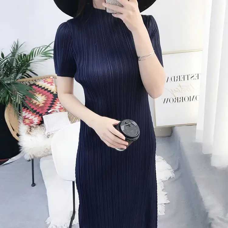 Long Pleated Dr PP Series Small Stand Collar Straight Tube Skirt Casual Sle Polyester Fiber Spring Summer New plus SizeT260314