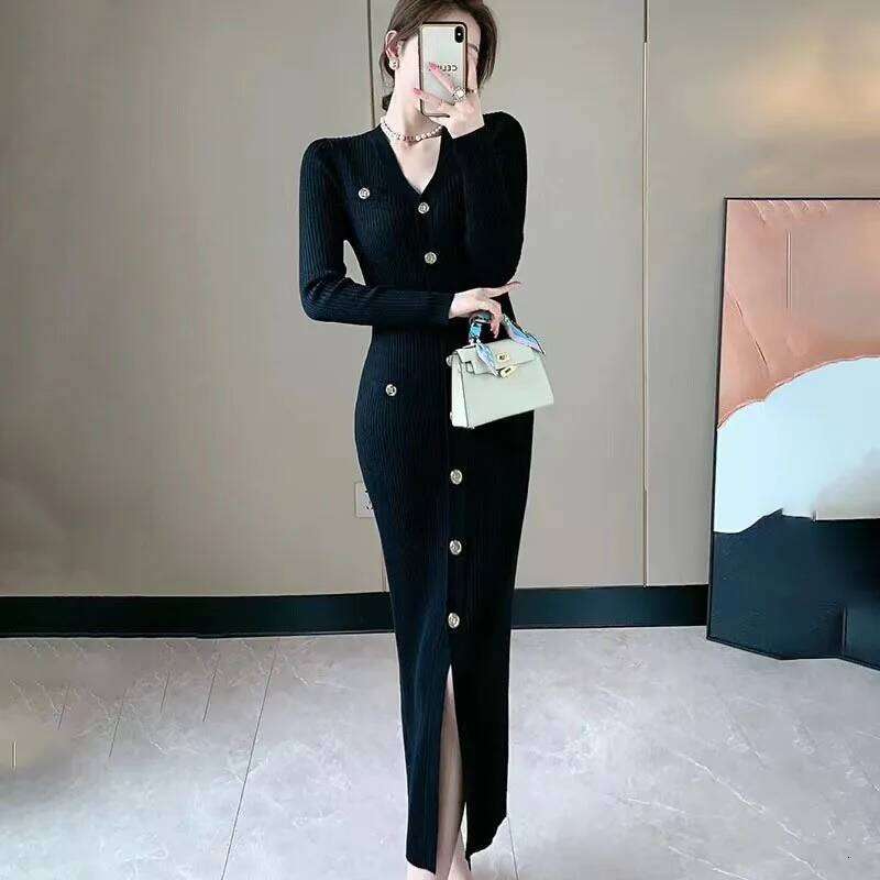 Autumn Winter Knitted Bodycon Midi Women Korean Slim V Neck Single Breasted Long Dress Woman Elegant Split Sweater Dresses Z260314