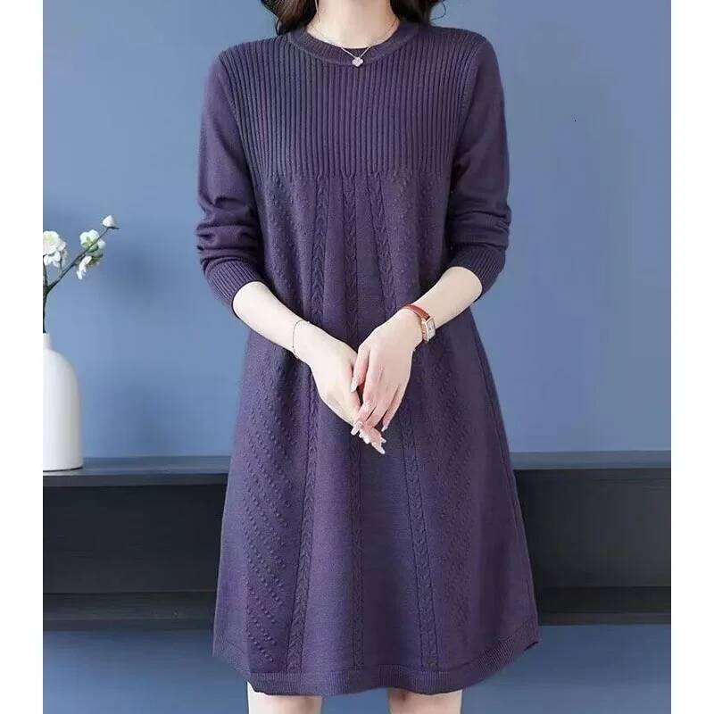 Women's Clothing Elegant All-match Solid Knit Dresses Autumn Winter New Casual Loose Long Sleeve Knee-Length Sweater Pullovers Z260313