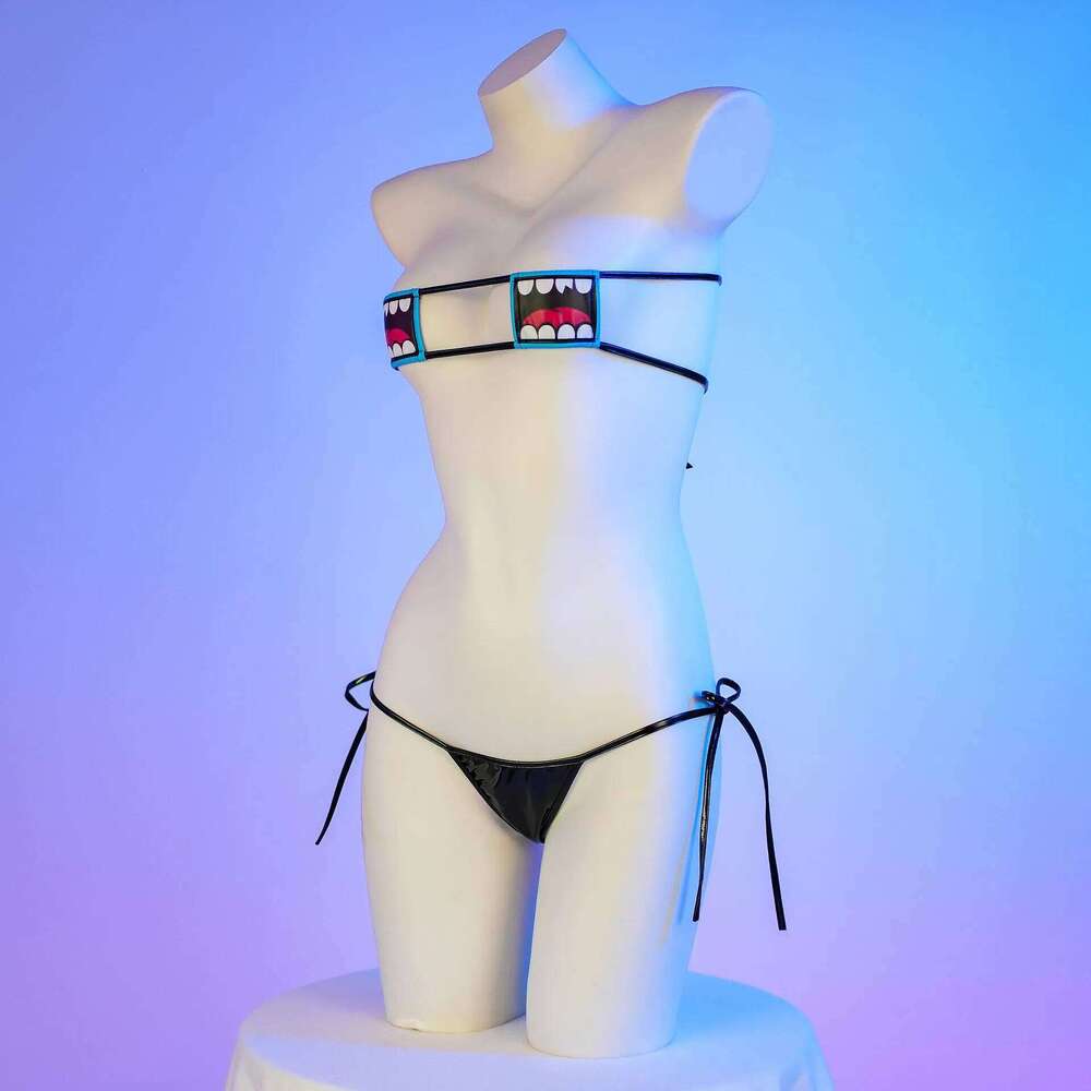 Mouth Printed Bikini Black Lacquer Leather Bandage Swimsuit Cosplay Women Anime Underwear Set Costume Y260303
