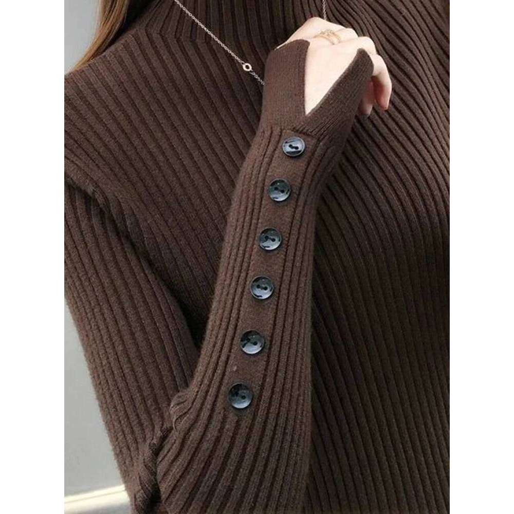 New Semi Turtleneck Women's Sweaters Pullover Korean Slim Warm Basic Knitwear Fall Brown Black Sweater Female Button S-Xl Z260313