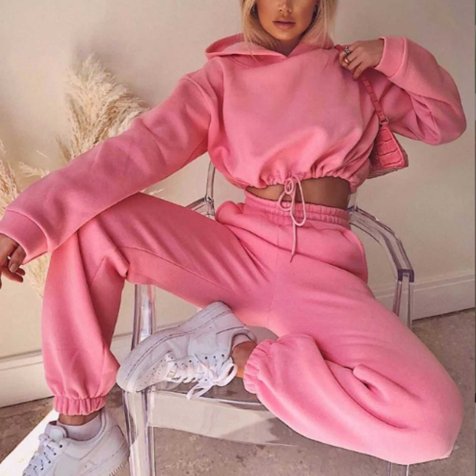 Winter Tracksuit Women Two Piece Set - Oversized Hoodie Sweatpants Solid Color Sportswear Suit Casual Sweatshirt Trouser Set c01 M260313