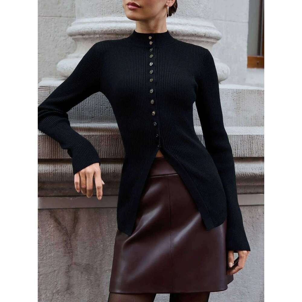 Cryptographic Buttons Ribbed Knitted Cardigan Sweaters for Women Long Sleeve Tops Slim Warm Autumn Winter Solid Clothes Z260313