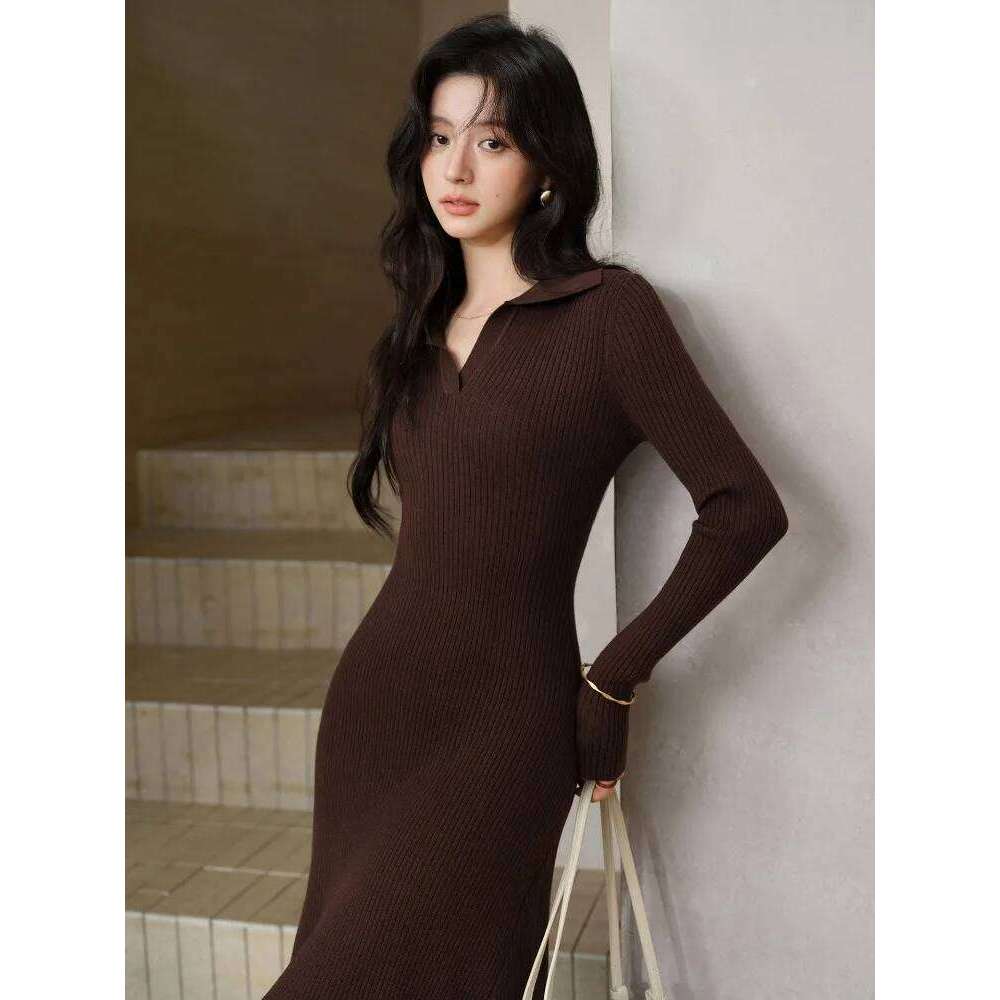 Women Elegant V Neck Ribbed Knit Maxi Lady Slim Fit Long Sleeve Sweater Dress Chic Casual Early Spring Daily Wear Style Z260313
