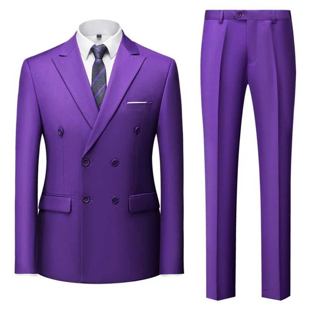 Solid Man Double-breasted 2 Piece Outfit Set Peak Lapel Wedding Business Casual Stage Costume Graduation Suit M260313