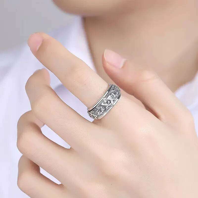 Rotatable S925 Sterling Silver Ring for Men Vintage Retro Stars Auspicious Cloud Couple Band Women Index Finger Accessories H260312