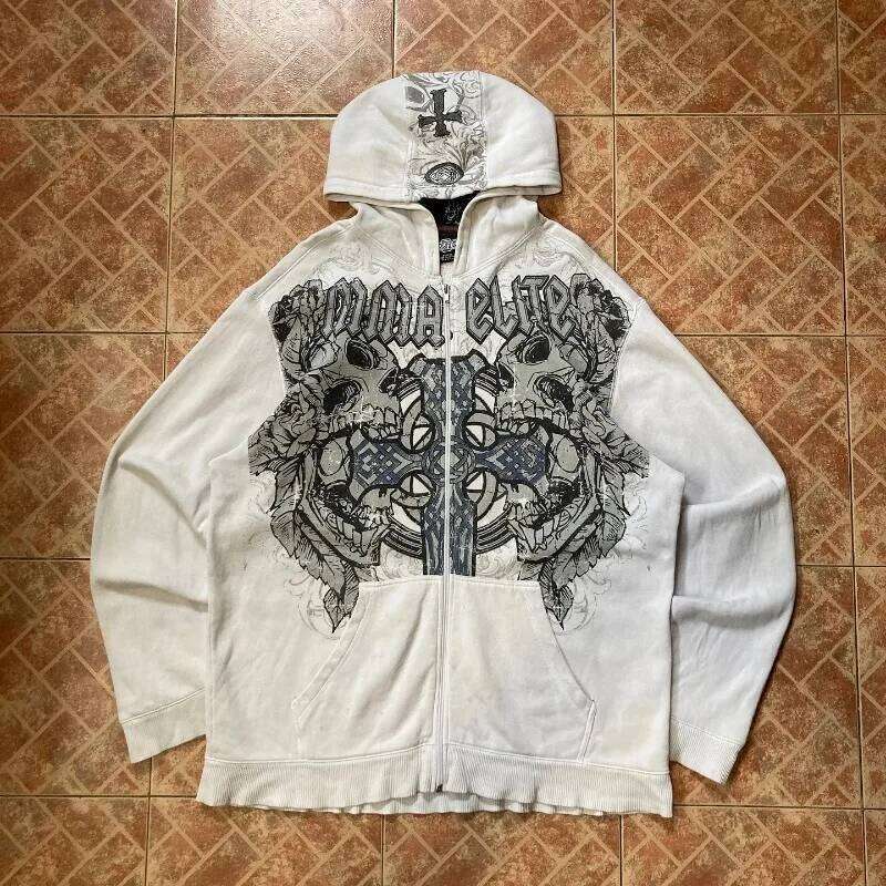 2025 American Vintage Oversized Skull Graphic Zipper Hoodie Men Y2K Harajuku Hip Hop Gothic Couple Casual Joker Sweatshirt Coats Z260315