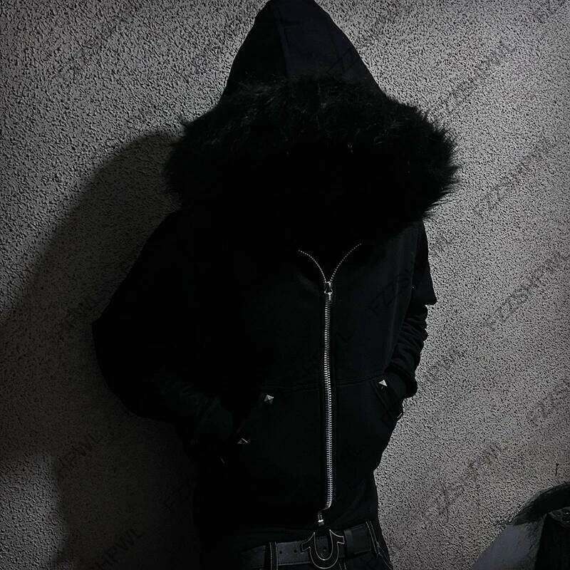 Rivet design Rock Gothic Dark Faux Fur Collar Y2K Zip up hoodie Streetwear Chic Zipper Hoodie sweatshirt Punk Hip Hop Pullover Z260314