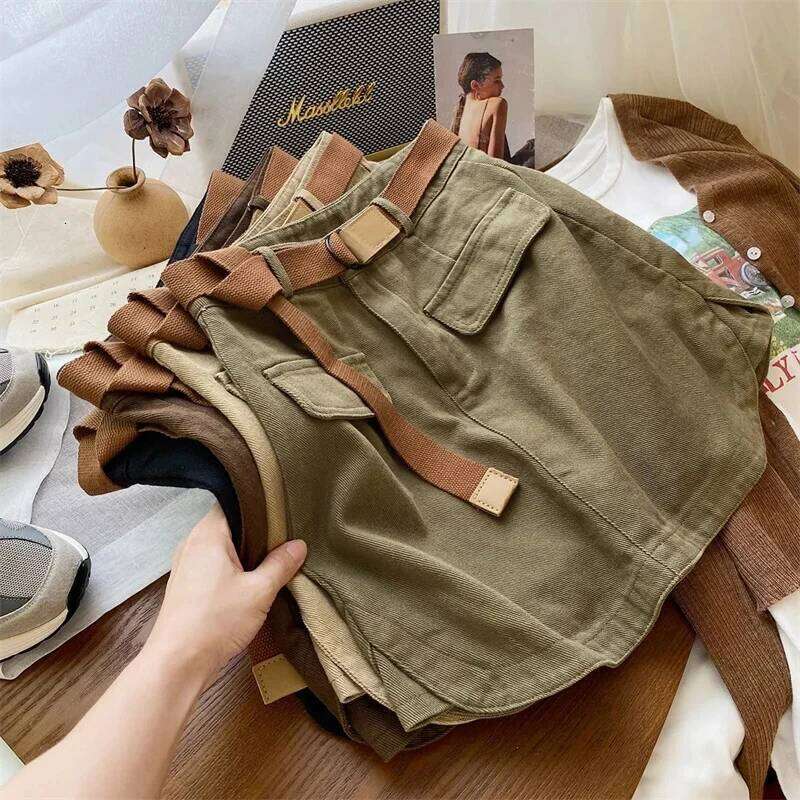 Korean Denim Skirt Women's Safari Style Short High Waist Belt Cargo Jean Ladies Casual A-line Skirts Spring Autumn Z260314