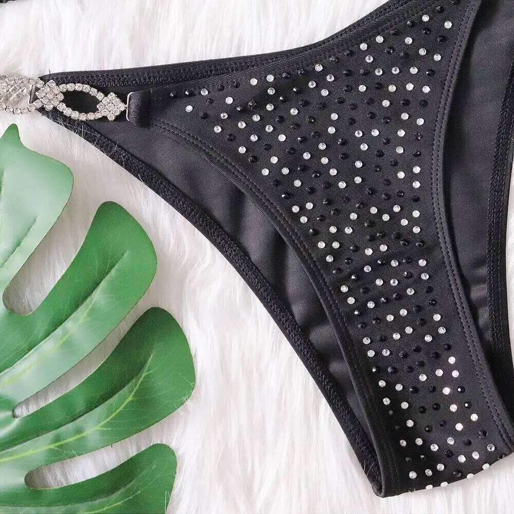 6 Colors Sexy Women Hollow Rhinestones Chain Halter Swimwear Swimsuit Bikinis Set Bathing Suit Beach Bikini Luxe Female Y260303
