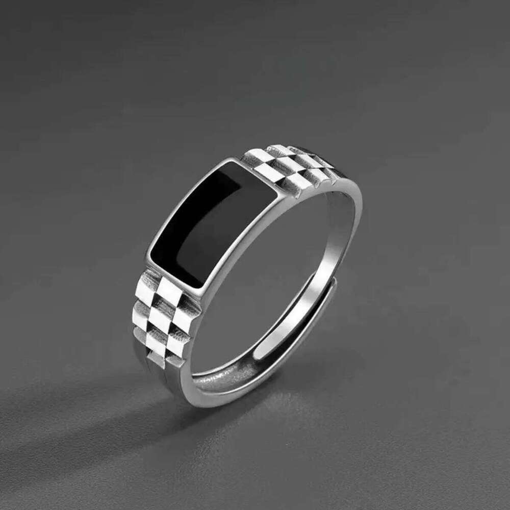 Vintage Faux Onyx Rings for Men Temperament Stainless Steel Adjustable Open Ring Silver Color Fashion Punk Jewelry Gifts H260312
