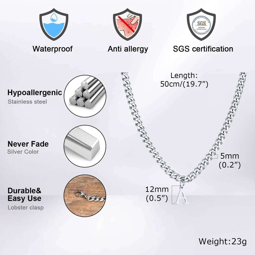 Initials Cuban Necklaces for Men Boys,Waterproof A-Z 26 Alphabet Charm Pendant with 50cm/19.7" Stainless Steel Chain Gifts H260312