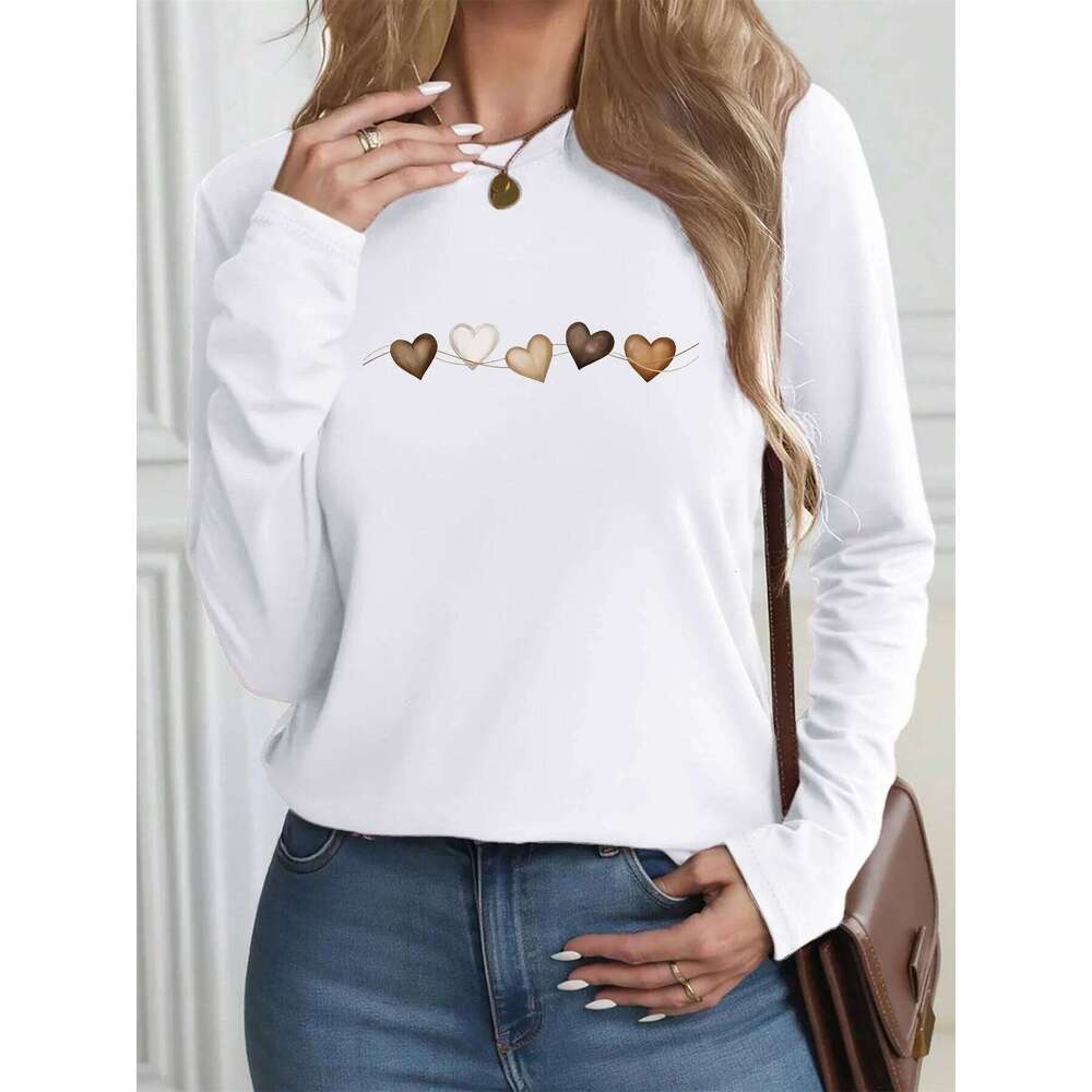 Women's autumn and winter 100% pure cotton fashionable casual heart-shaped printed round neck long sleeved T-shirt top Z260314