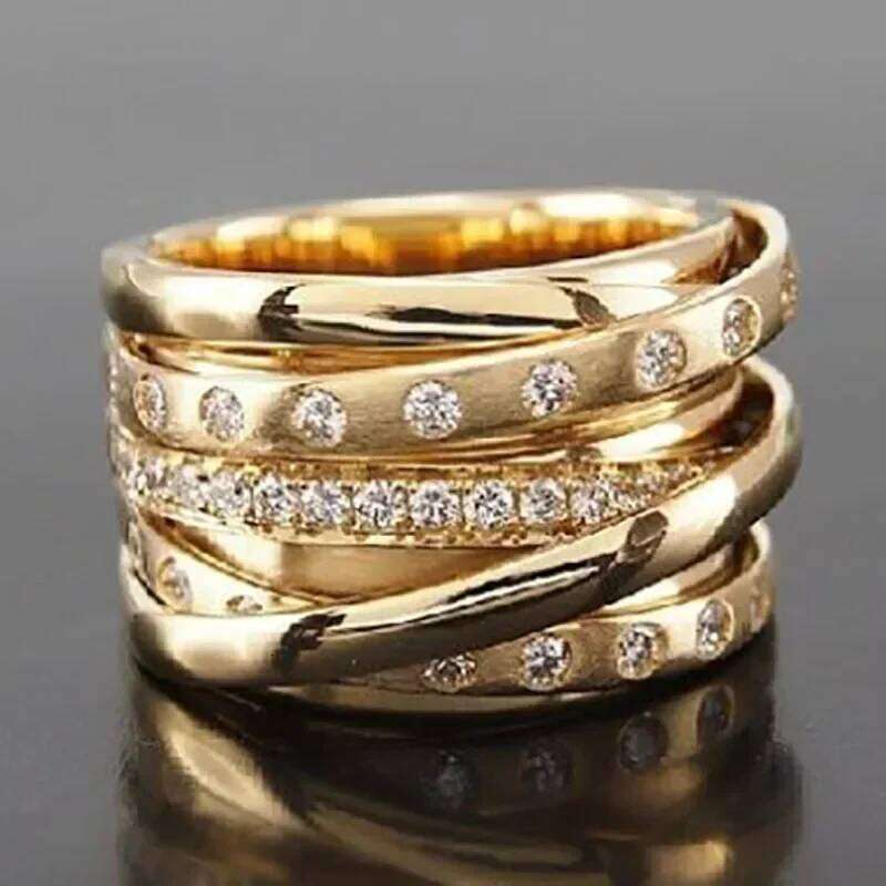 Popular Gold Color Multilayer Winding Inlaid Crystal Rhinestone Zircon Female Metal Ring for Women Party Jewelry Accessories H260312