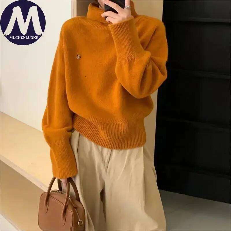 Women's Autumn Winter High Neck Long Sleeve Sweater Loose Knitted Casual Fashionable Lazy Style Top Z260313