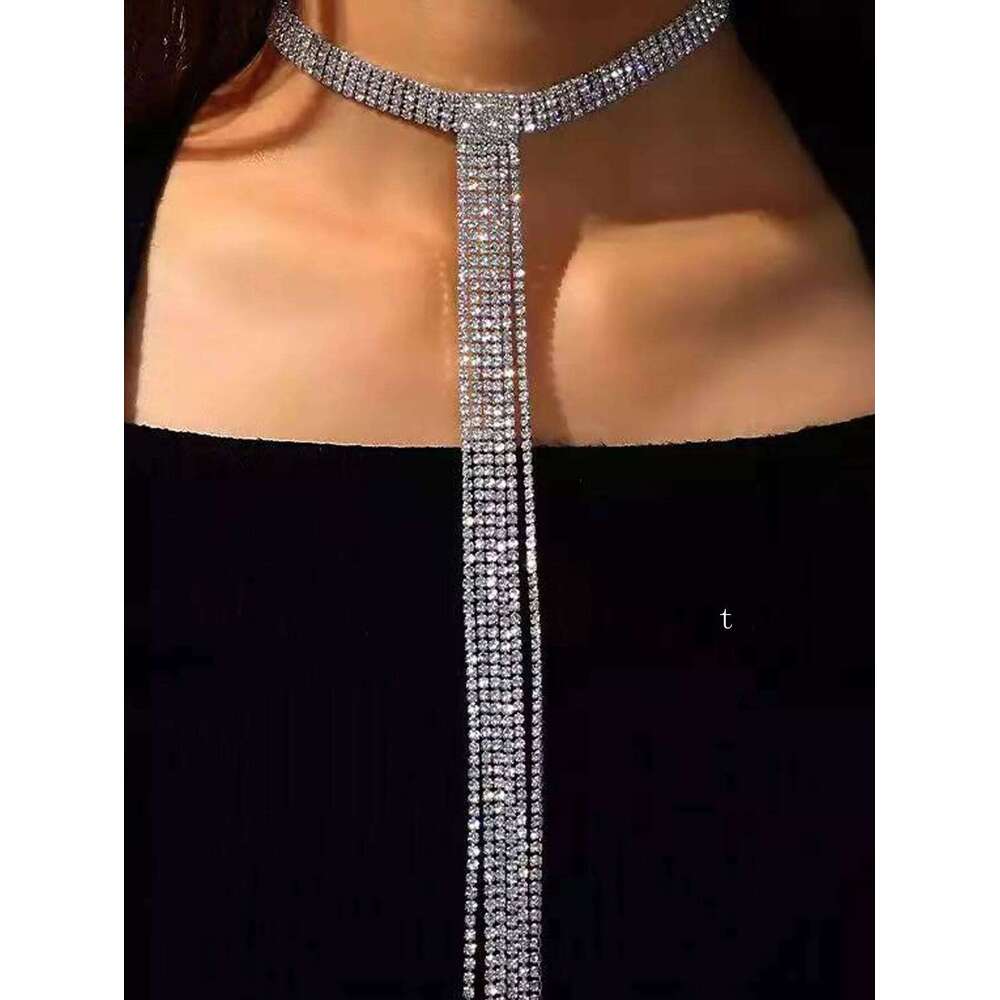 European American rhinestone long T-shaped tassel personalized and versatile necklace, collarbone chain H260312