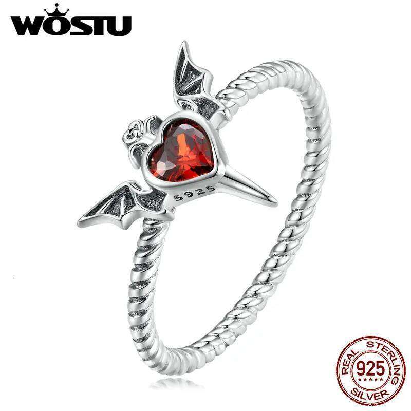 WOSTU 925 Sterling Silver Punk Goth Bat Wings Braided Ring Black Heart CZ Retro Rings for Women Halloween Jewelry Gift Hiphop H260312