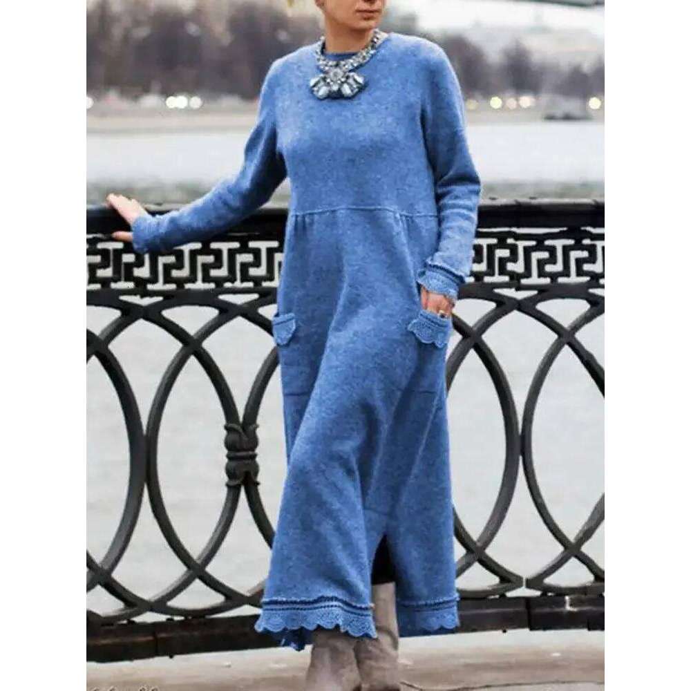 2024 Autumn Winter New Dresses For Women Flower Lace Edge Loose Maxi Dress Casual Long Female Solid Color Pocket Vestidos Z260314