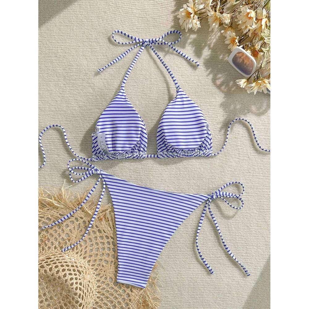 Women's Set, Sexy Blue and White Striped Print Halter Neck Tie-Up Triangle Top with String Bikini Bottoms, Beach Two-Piece Swimsuit 26H0313