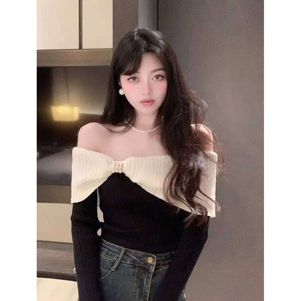 One Shoulder Bow Knit Sweater Women's New Top Z260313