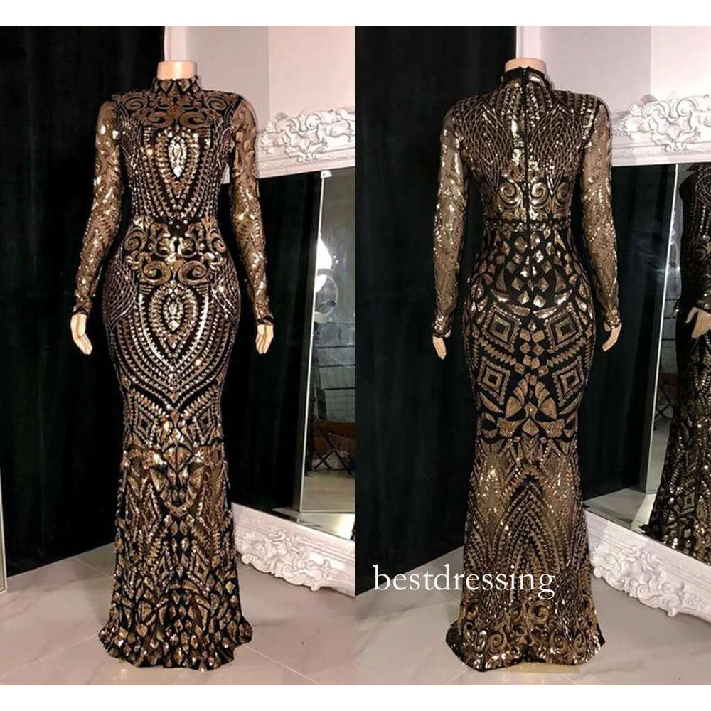 Vintage Black Gold Long Sleeves Lace Sequined Prom Dresses High Neck Mermaid Women Formal Evening Party Gowns Bc20008 B0313