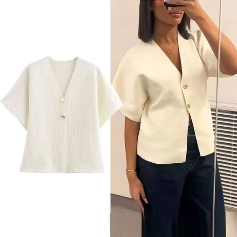 MUJER 2025 Cropped Cardigan Woman White Knitted Sweater Cardigans for Short Sleeve Knitwear Women Tops Summer Outerwears Z260313