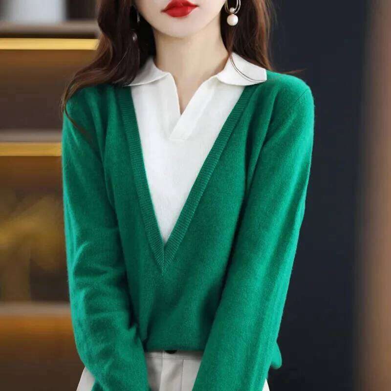 Autumn Winter Fashion Polo-Neck Knitted Pullovers Women's Clothing Elegant Simplicity Solid Fake Two Pieces Sweaters for Female Z260313