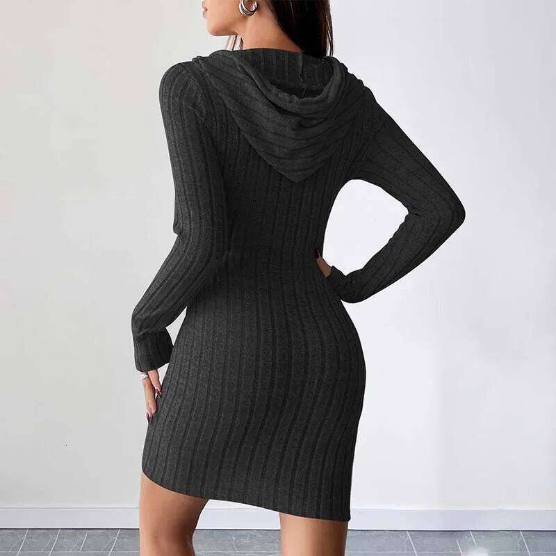Trendy Ribbed Knitted Hooded Slim Fit with Drawstring Comfortable Slim-Fit Long-Sleeve Versatile Casual Chic Women Dress Z260314