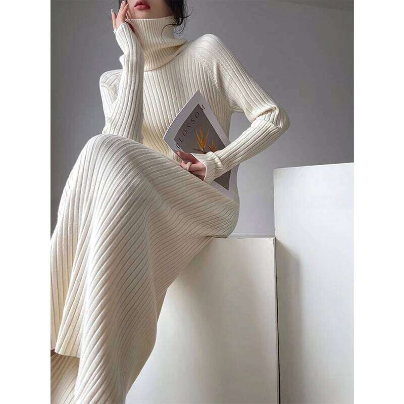 MEXZT Elegant Black Knitted Midi Dress Women Fashion Turtleneck Sweater Dresses Winter Korean Long Sleeve Bodycon Vestidos New Z260313