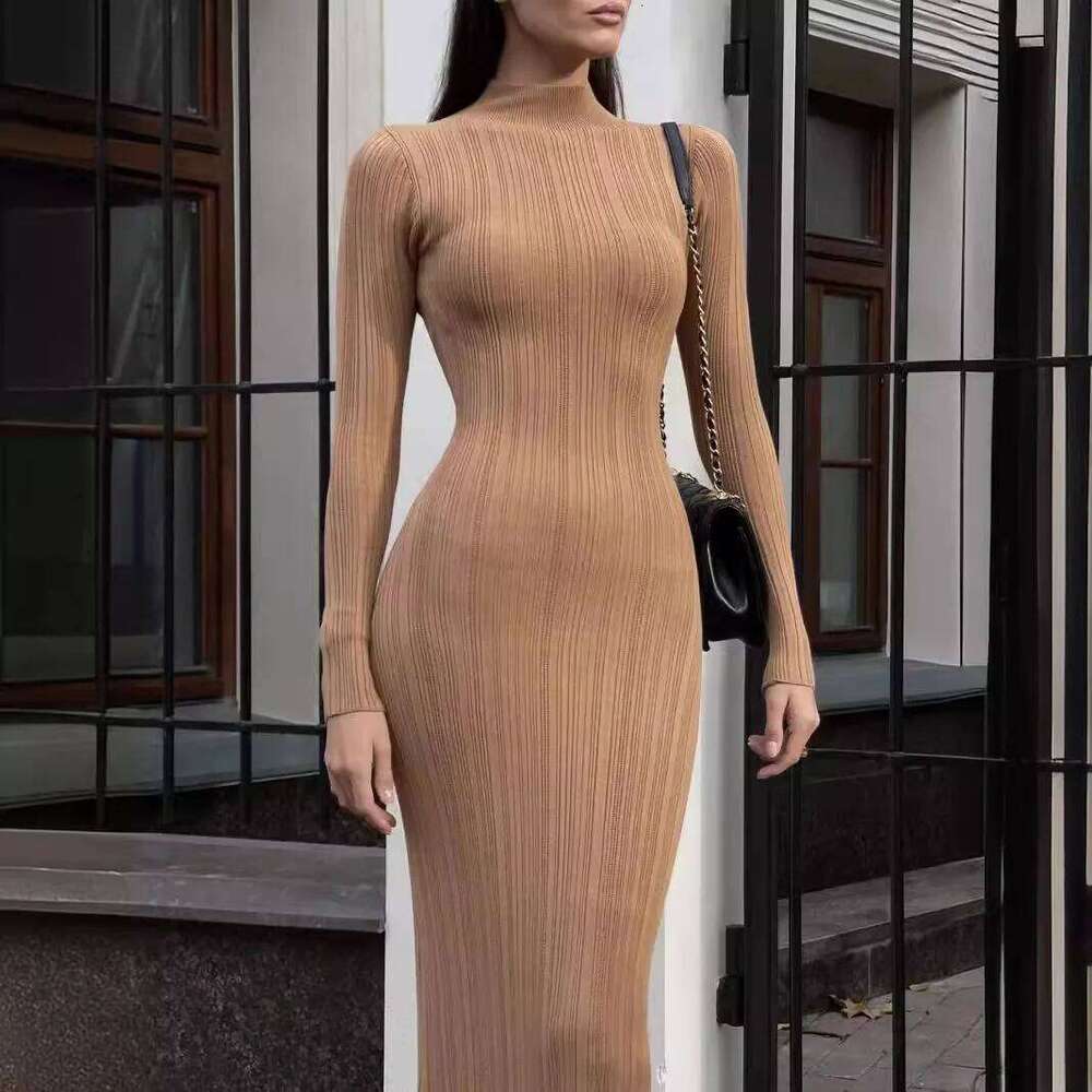 Women Elegant Sleeve Knitted Maxi High Neck Bottoming Striped Sweater Slim Long Dress Bodycon Party Club Streetwear Z260313