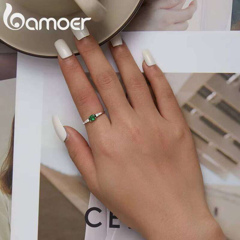 BAMOER 925 Sterling Silver Oval Gemstone for Women Green Pink Zirconium Prongs Setting Ring Wedding Bridal Jewelry Gift H260312