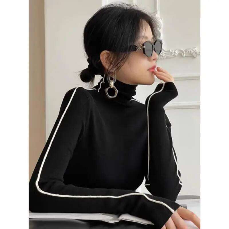 Spring and Autumn Women Sweaters New Style Patch Collar Stylish Solid Color Slim Minimalist Casual Long Sleeve Knitted Top Z260314