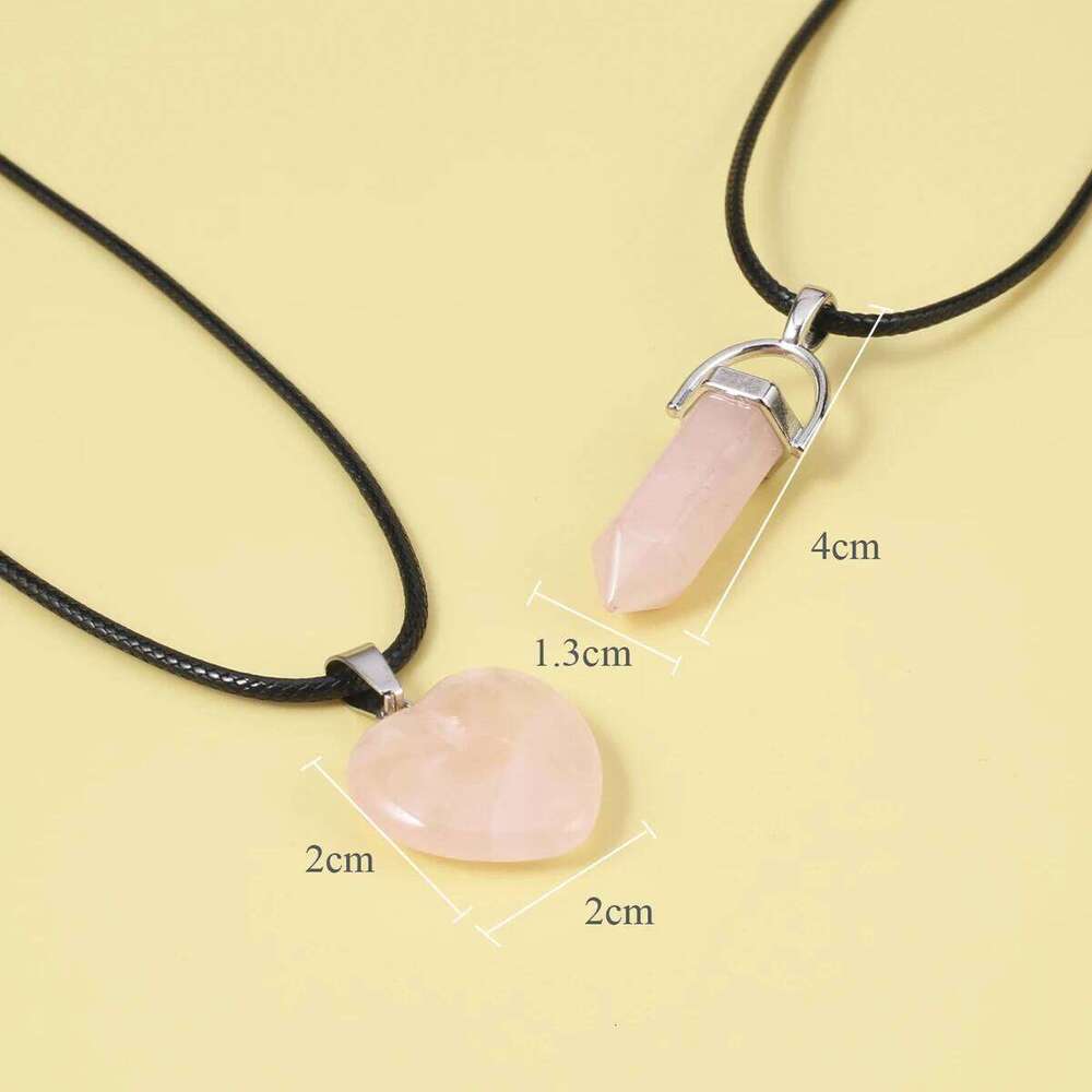 Couple Heart Shape Natural Stone Amethyst Pink Crystal Opal Obsidian Hexagonal Prism Pendant Jewelry Necklace Gift Pair H260312