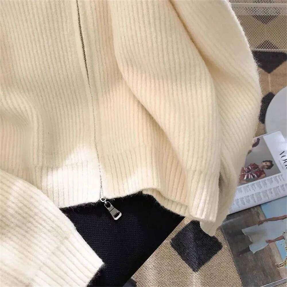 Double Zipper Vintage Flip Collar Women Harajuku Autumn Winter Knitted Cardigan Sweater Jacket Student Korean Version Ladies Top Z260314