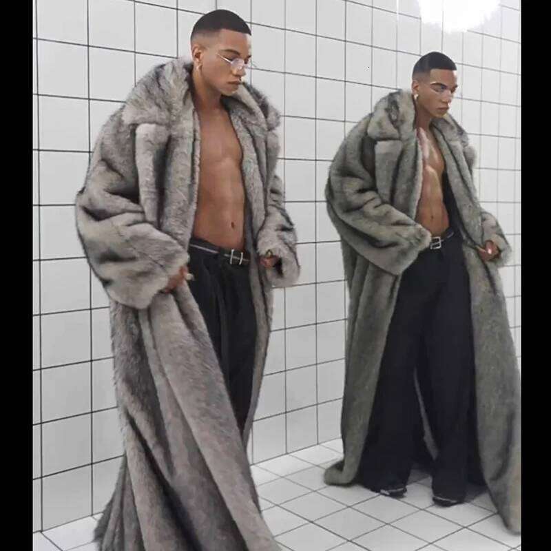 New men's fox fur lapels, long trendy overcoat, winter windproof and warm trench coat, large size Z260313