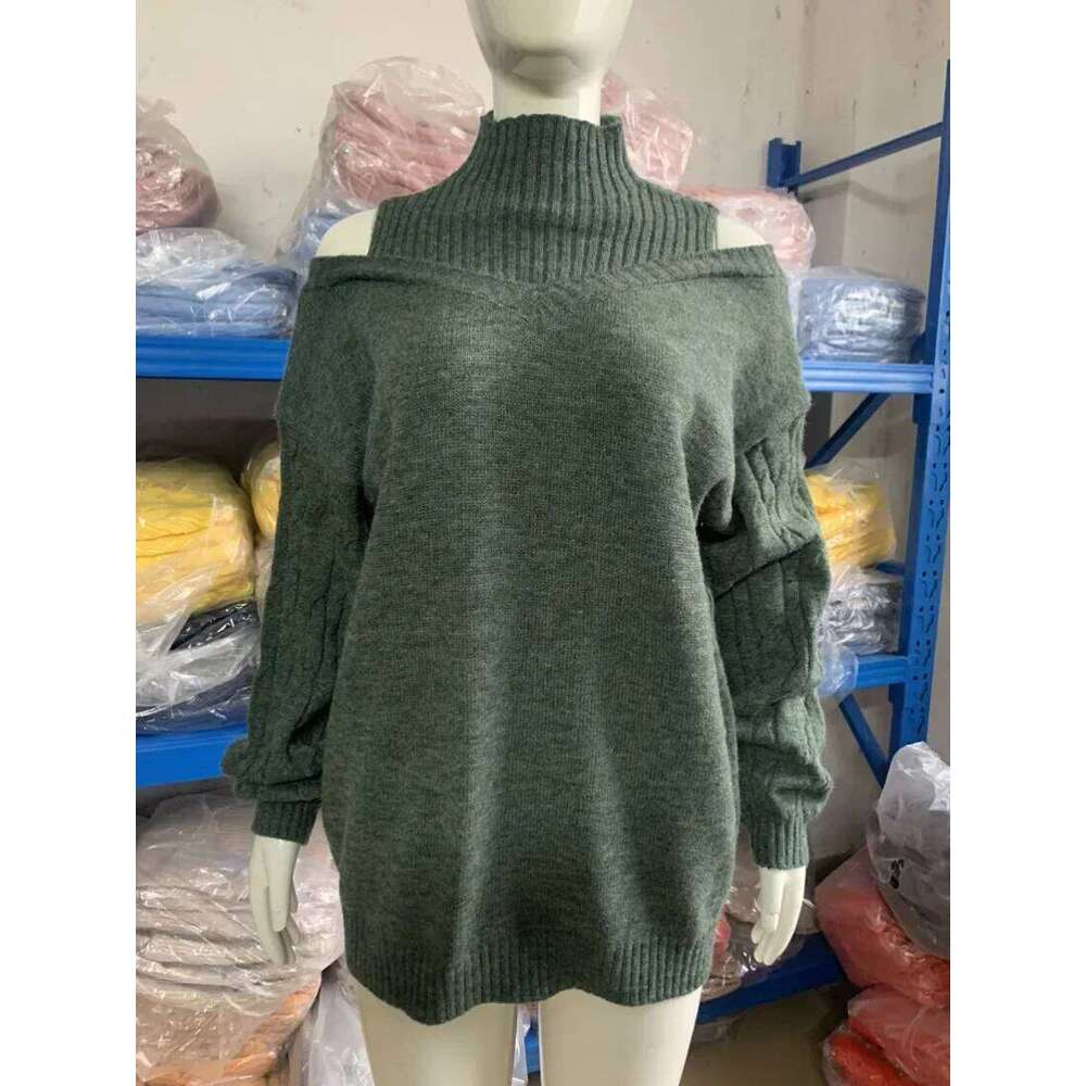 Mandylandy Off Shoulder Sweaters Semi-turtleneck Jumpers Pullovers Loose Large Long Sleeve Knitted Sweater for Women Z260313