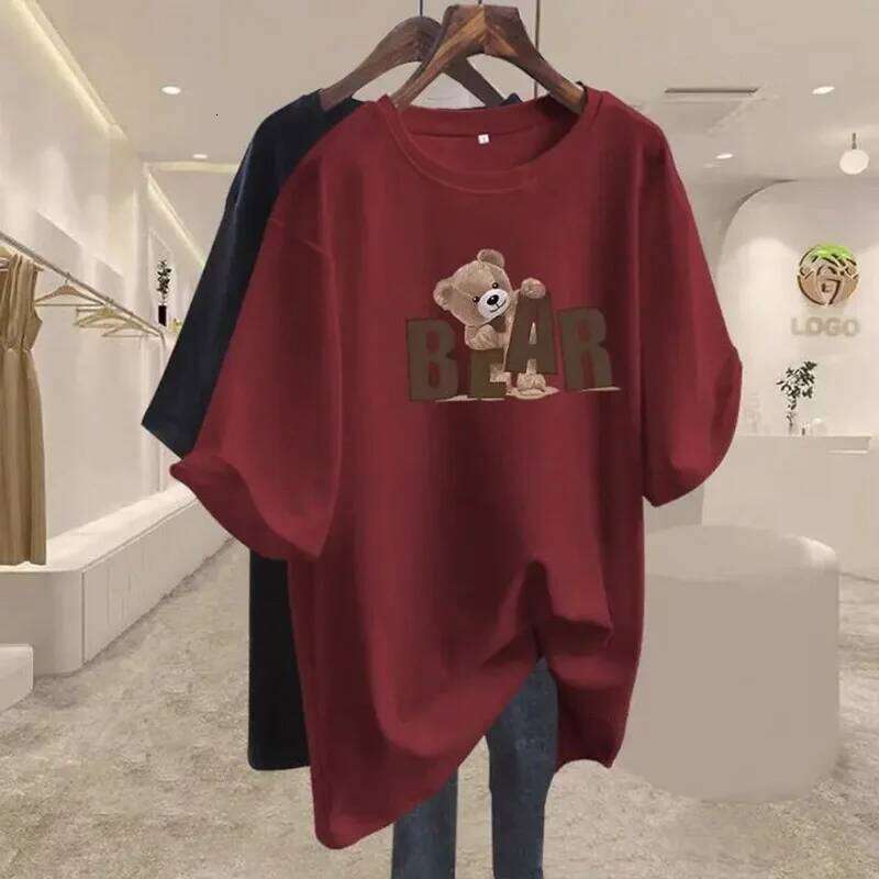 Summer Chic Letter Printing Bear T-shirt Women O-neck Short Sleeve Cotton Basic Top Tee Casual Loose Oversized Pullover 45-105Kg Z260314