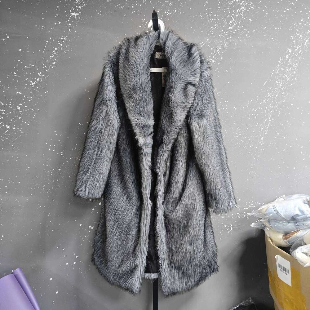 LANMREM High Qualityy Grey Women's Faux Fur Winter Chic New Warm Lapel Sleeve Big Size Cardigan Thick Long Coat DB3882 Z260313