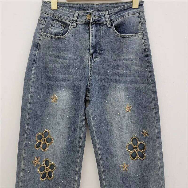 YEAE women's high-waisted hot embroidered hollow-out meat-covering and thin denim straight-leg pants Z260313
