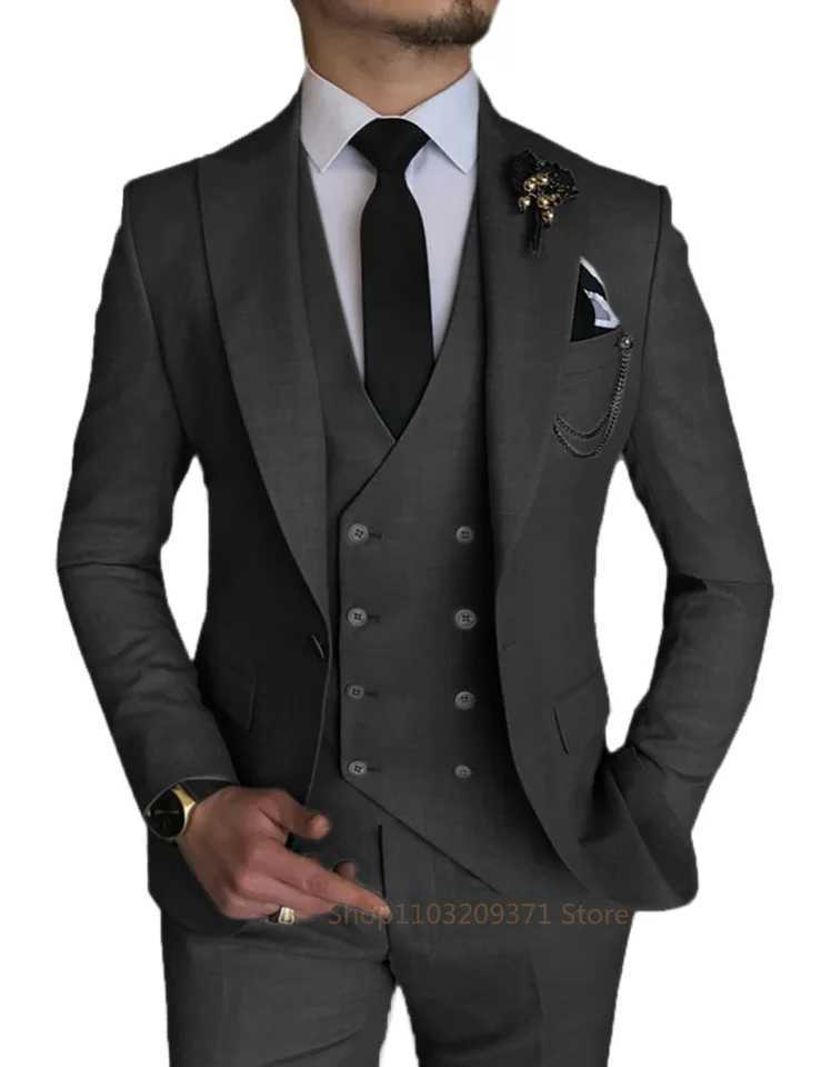 3 Pieces Light Gray Suits Men Suits Wedding Wear Business Male Groom Wedding Dress Jacket Vest Pants Set Blazers Coat M260313