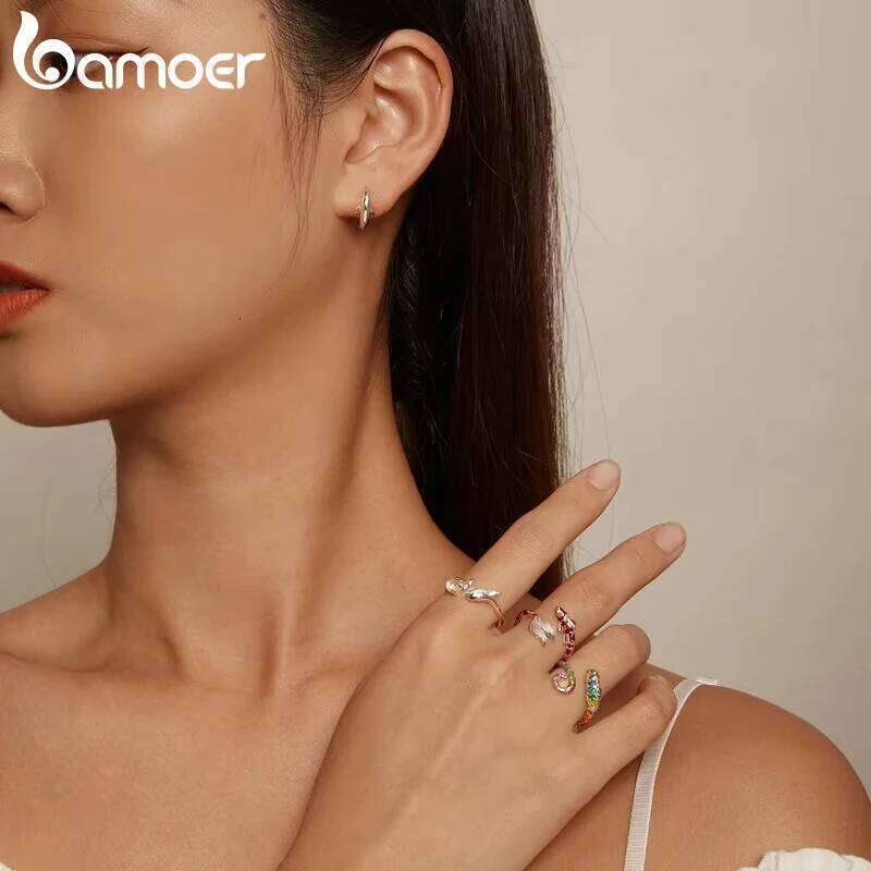 Bamoer 925 Sterling Silver Colorful Chameleon Opening Enamel Process Animal Adjustable Ring for Women Fine Jewelry H260312