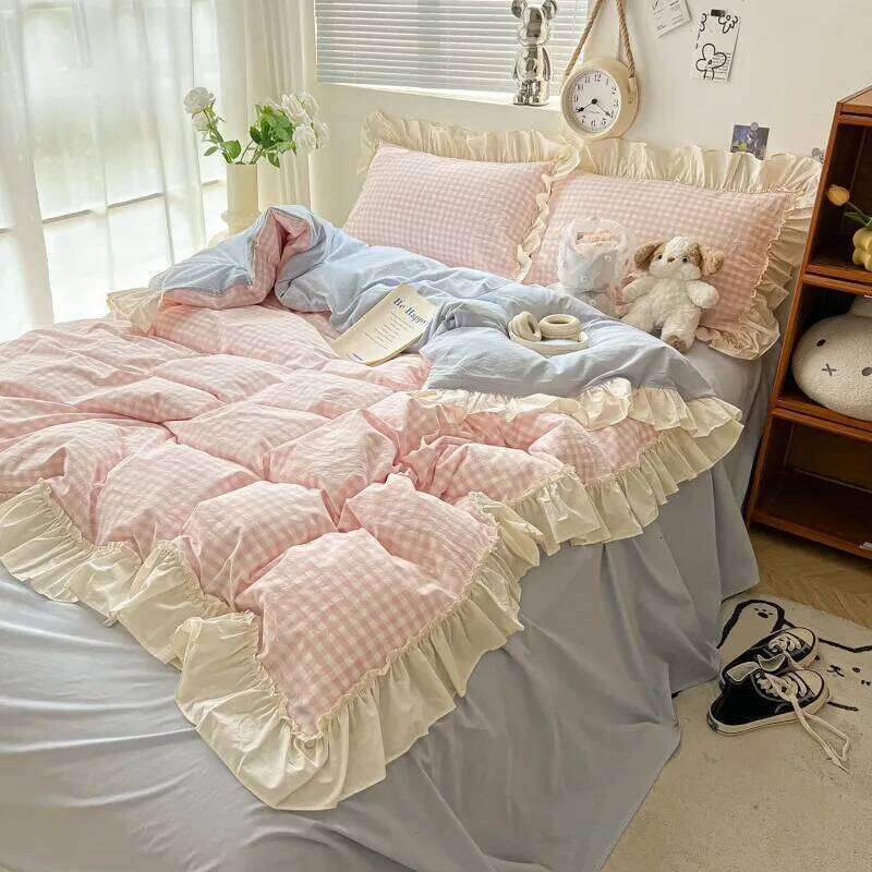 Ruffled Pink Blue Set Twin Queen Washed Microfiber Ultra Soft Bedding set Grid Duvet Cover Bed Sheet 2 Pillowcases H260312 - view 4