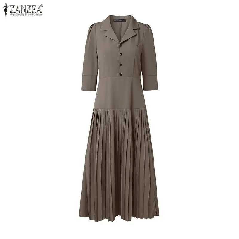 ZANZEA Elegant Women OL Work Dresses 2026 Summer Dress Lapel Neck Half Sleeve Sundress Solid Waisted A Line Pleated Robe VestidoT260314