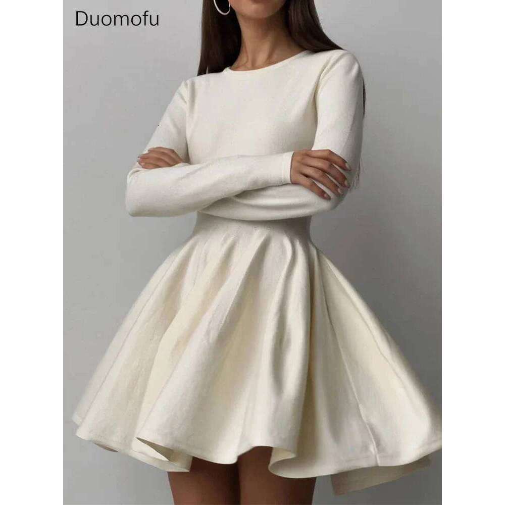 Duomofu Knit Mini Dresses Women Autumn Winter Long Sleeve Sweater Female Elegant Fashion Slim A Line Pleated Dress Vestido Z260314