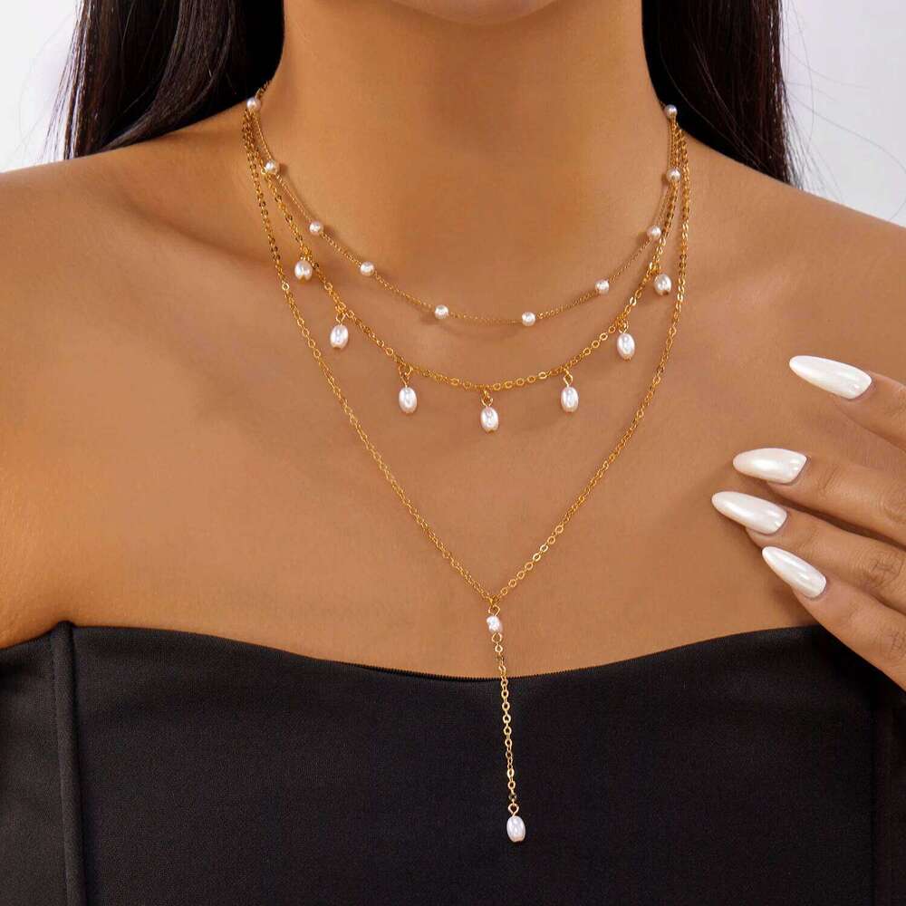 Modern Baroque Imitation Pearl for Women Glittering Heart Gold Color Chain Layered Necklace Party Jewelry Accessories H260312