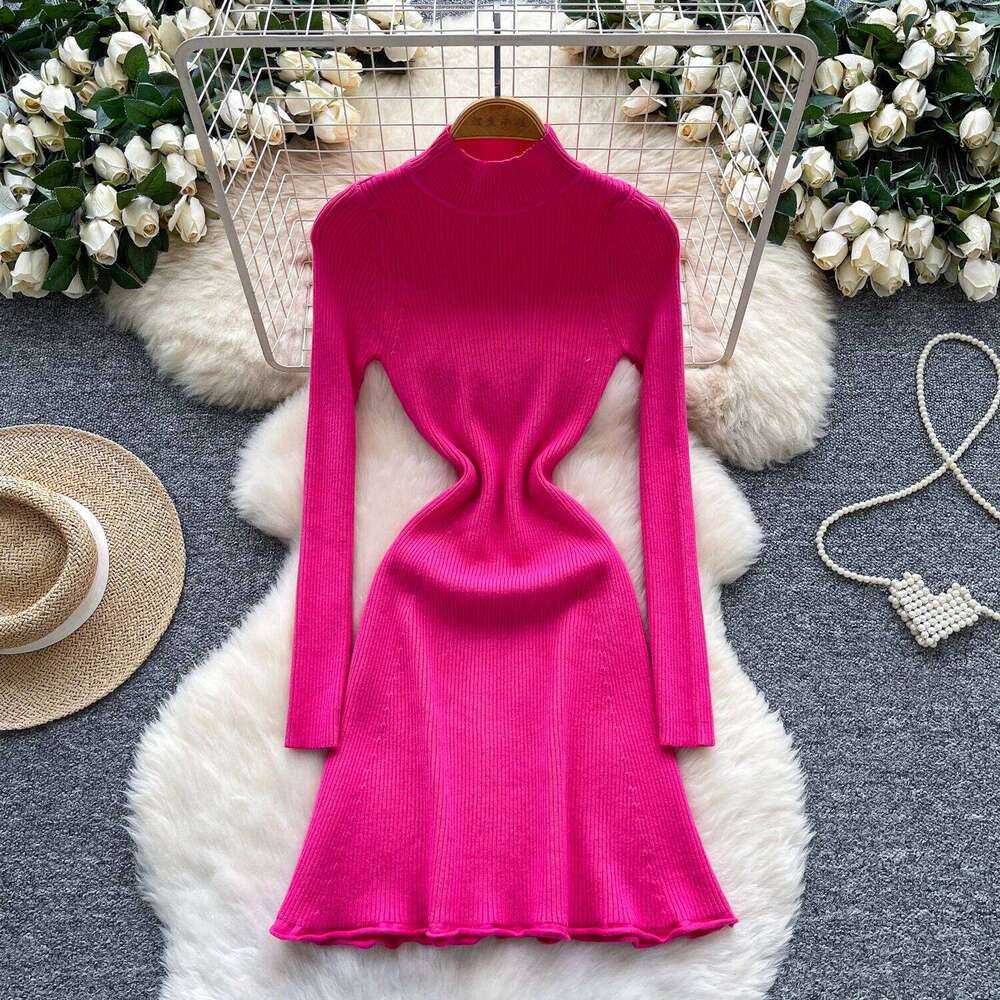 REALEFT Autumn Winter French Style Women's Knitted A-line Solid Long Sleeve Turtleneck Casual Bottom Wrap Dresses Female Z260313