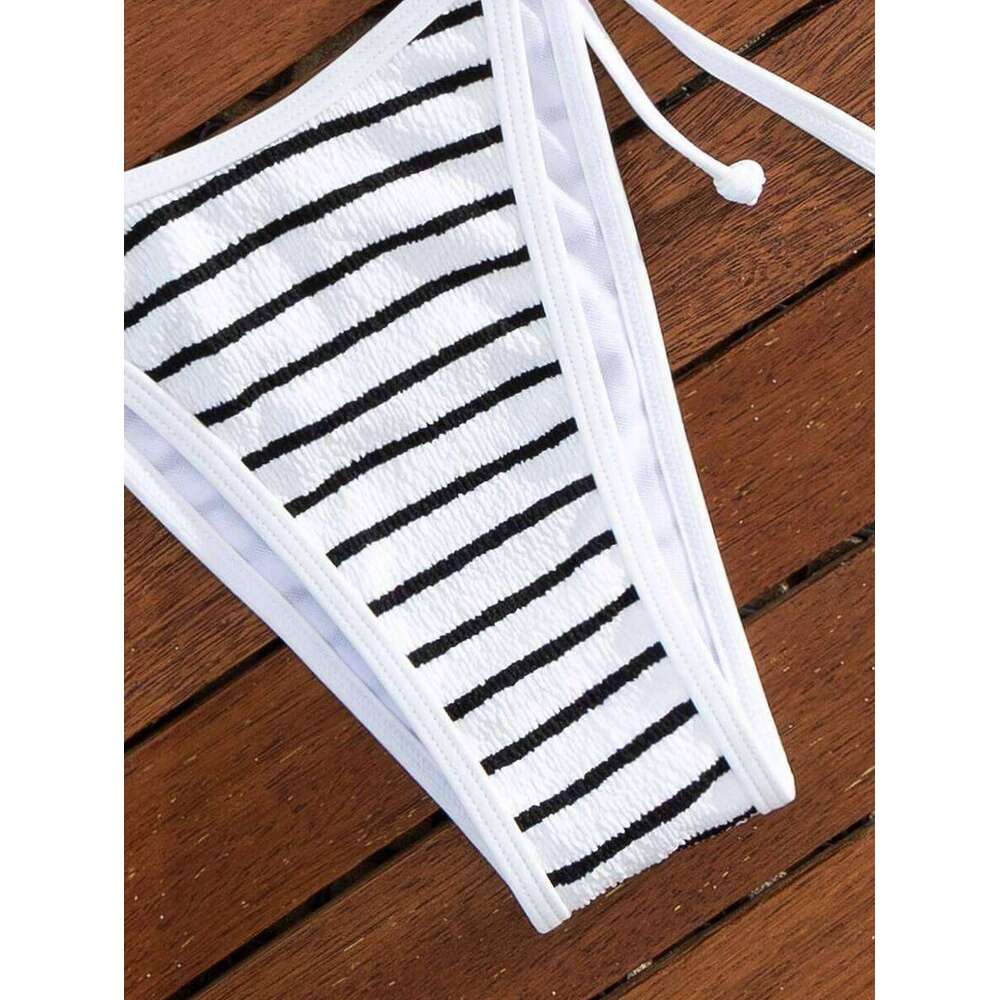 Swim Mod Women's Elegant Stripe Textured Halter Triangle Set, 2026 Animal Figure-Flattering High Cut Cheeky Two Pieces Swimwear With Self-Tie Str